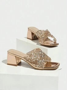 1 Pair Champagne Color High Fashion High Heel Shoes, Comfortable Chunky Heel, Suitable For Dress, Shiny & Sexy, Mid Heel Ladies Plus Size Casual Sandals