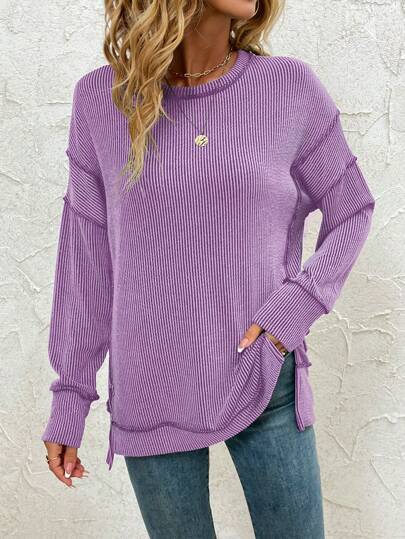 Women's Long Sleeve Shirt, Autumn Ribbed Loose Oversized Sweatshirt, Casual Side Slit Drawstring Waist Top