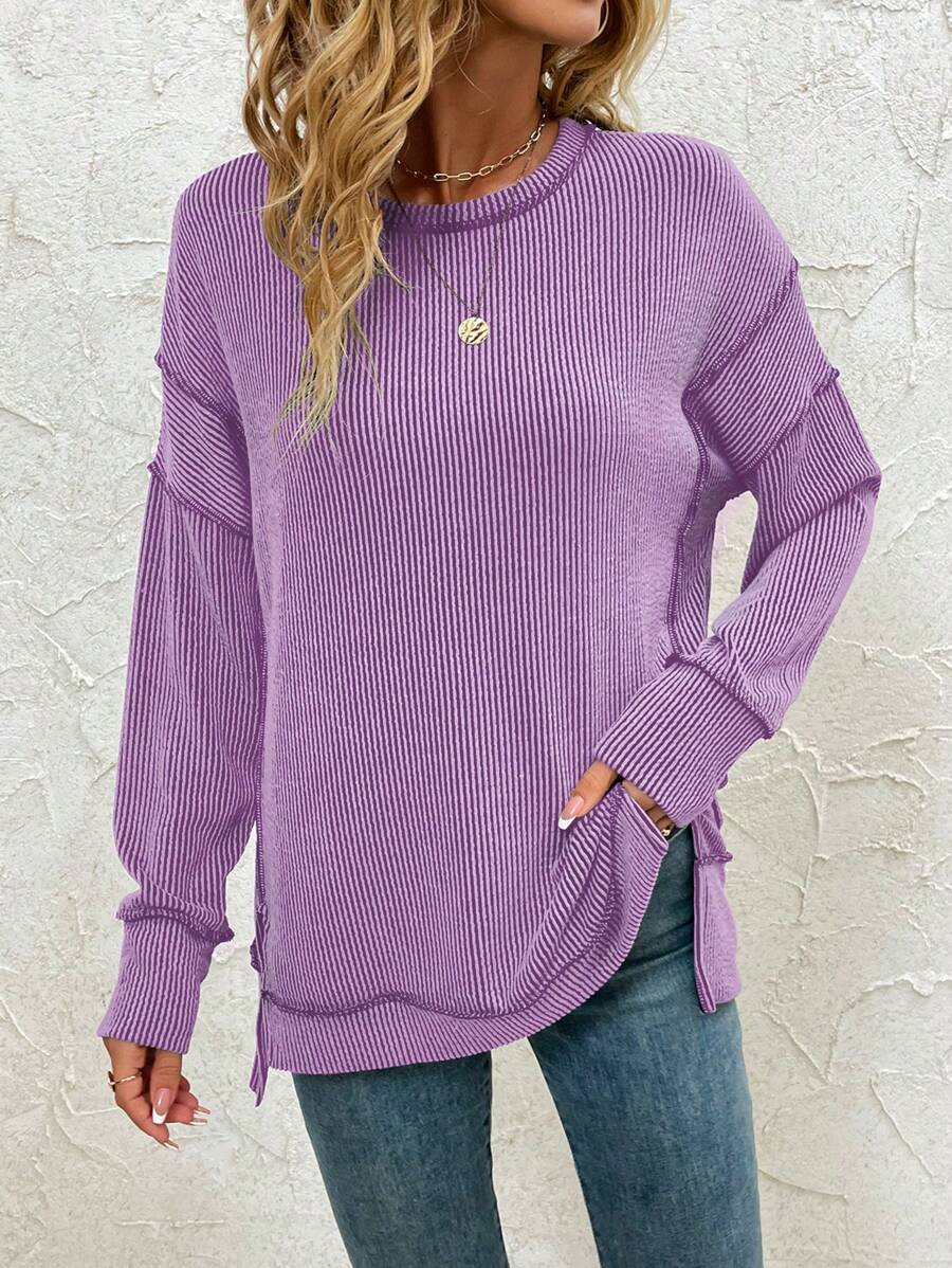 Women's Long Sleeve Shirt, Autumn Ribbed Loose Oversized Sweatshirt, Casual Side Slit Drawstring Waist Top Spring - Purple - View 1
