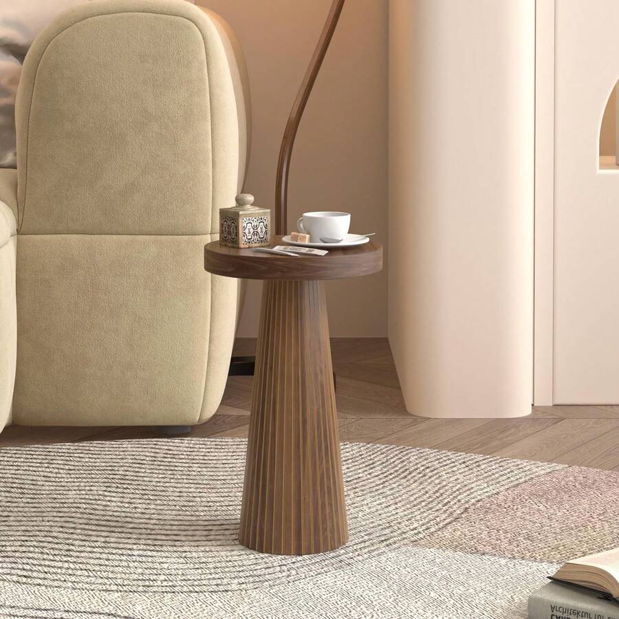 Round Fluted Accent Side Table, Pedestal Drink Table, Small Wooden Round End Table For Home, Bedroom, And Living Room - 核桃 - 查看 1