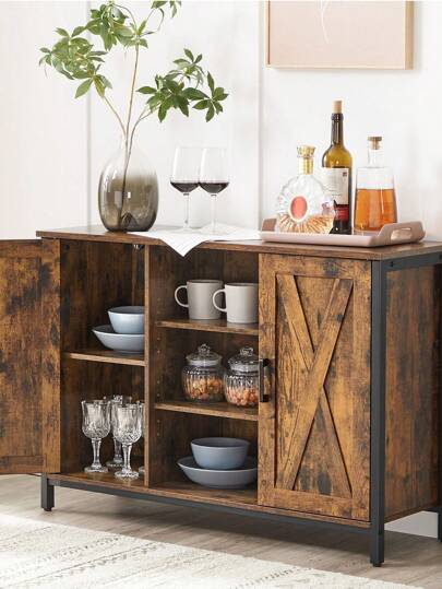 VASAGLE Sideboard, Küchenschrank, offene Regalfächer, Beistellschrank mit Türen, 100 x 35 x 70 cm, Industrie-Design, vintagebraun-schwarz