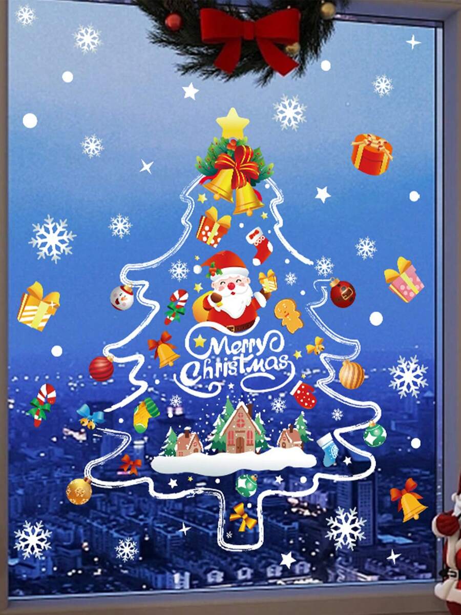 1 件圣诞树图案静电贴墙贴，可拆卸，适用于卧室和客厅，全新圣诞版最佳礼物 - 彩色 - 查看 1