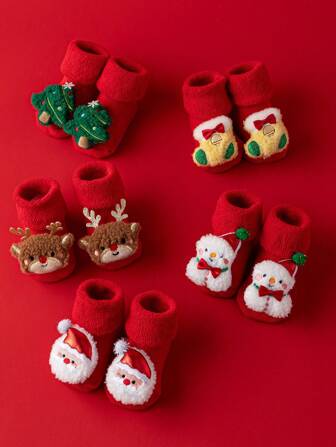 3 par/2 par/1 par tredimensionell julströja med klack och fotavtryck, halkfria prickiga sockor och elastiska muddar, söta mönstrade halkfria och andningsbara höstsockor för småbarn och bebisar, älg, jultomte, snödockor, stövlar, julgran