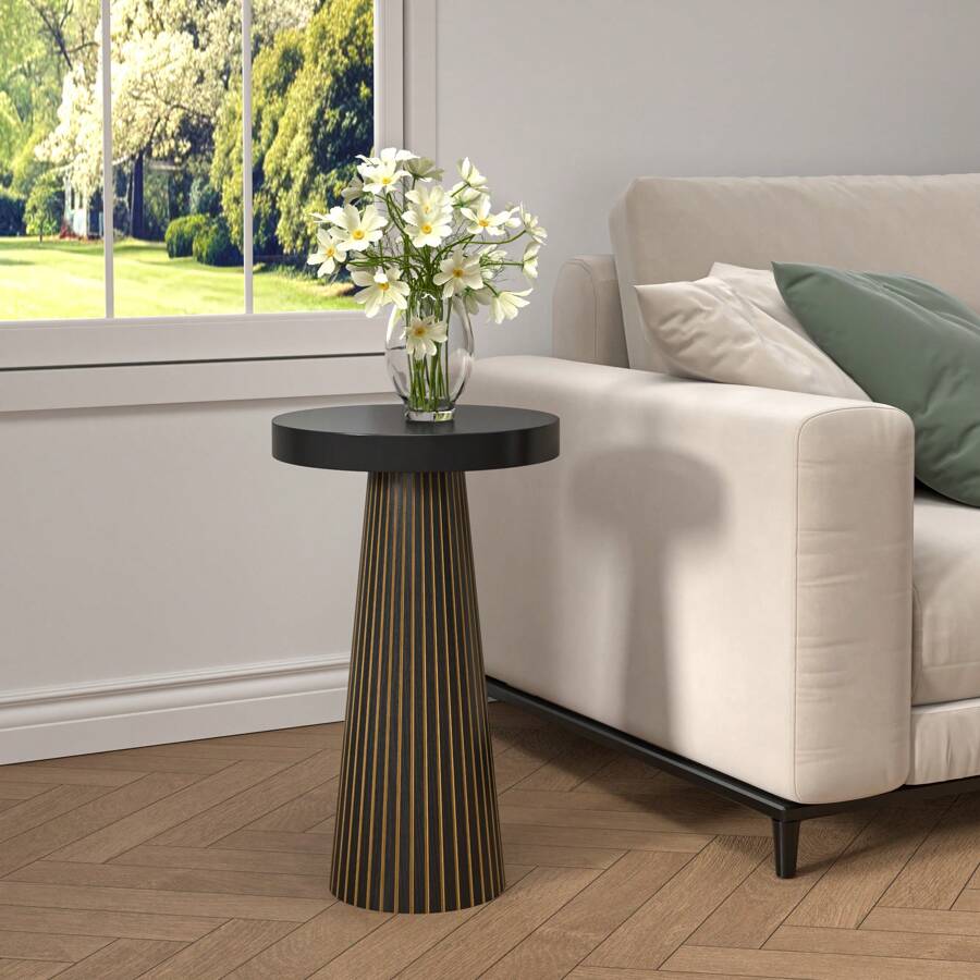 Round Fluted Accent Pedestal Side Table, End Table, Drink Table Small Accent Table For Living Room, Mid Century Modern Night Stand, Circle Bedside Table, Wood Nightstands For Bedroom - 黑色 - 查看 1