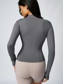 2pcs Women's Fashion Solid Color Thumb Hole Long Sleeve Zip-Up Active Jacket, Tight Outdoor Sports Coat