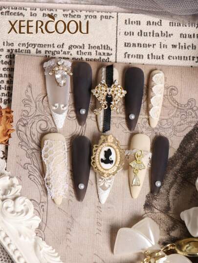 10 件手工制作的巴洛克风格长蝴蝶黑白奢华舞蹈指甲贴，包含 1 件不干胶贴纸和 1 件迷你指甲锉，按压式指甲，美甲用品，美甲