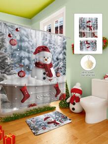 Conjunto de cortina de chuveiro com boneco de neve vermelho de Natal, 1/2/3/4 peças, com 12 ganchos e uma bola de chuveiro, cortina de chuveiro de poliéster impermeável e resistente a mofo, tapete antiderrapante para banheiro, tapete em U para vaso sanitário, capa protetora para vaso sanitário, conjunto decorativo para banheiro, sem necessidade de furadeira, vários tamanhos disponíveis, acessórios de decoração de outono para banheiro, volta às aulas
