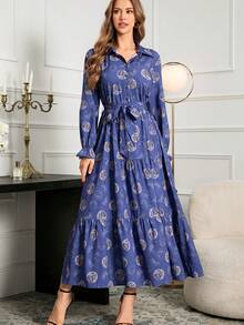 Spring & Winter Clothes New Floral Print Maxi Dress Vacation Loose Ladies Allover Print Abayas Robe - Blue - View 4