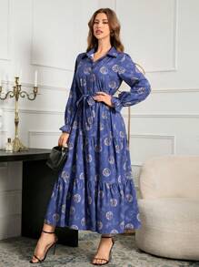 Spring & Winter Clothes New Floral Print Maxi Dress Vacation Loose Ladies Allover Print Abayas Robe - Blue - View 3