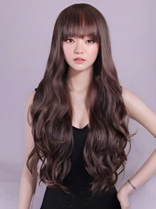 棕色刘海假发 长波浪卷发假发 天然合成耐热纤维假发 适合日常派对使用（28 英寸）