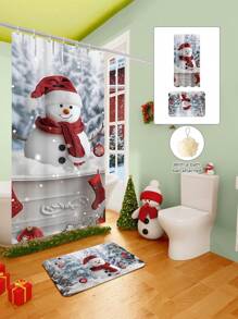 Conjunto de cortina de chuveiro com boneco de neve vermelho de Natal, 1/2/3/4 peças, com 12 ganchos e uma bola de chuveiro, cortina de chuveiro de poliéster impermeável e resistente a mofo, tapete antiderrapante para banheiro, tapete em U para vaso sanitário, capa protetora para vaso sanitário, conjunto decorativo para banheiro, sem necessidade de furadeira, vários tamanhos disponíveis, acessórios de decoração de outono para banheiro, volta às aulas
