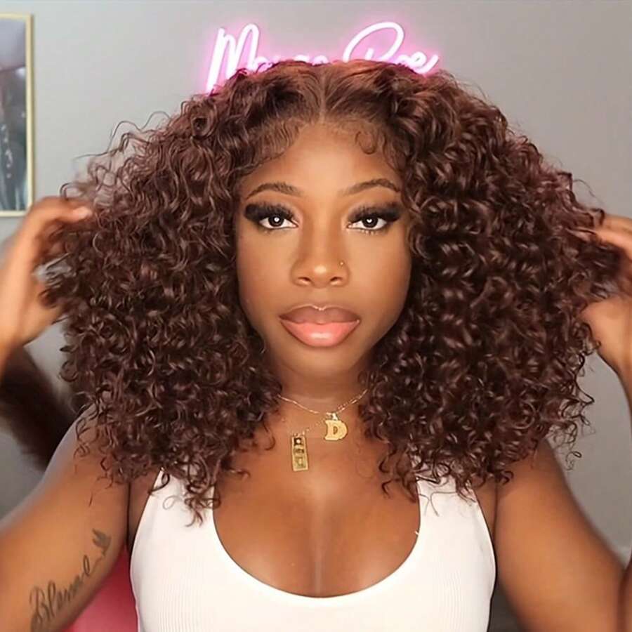 Peluca castaña rizada tipo "bob" de cabello humano sin pegamento, peluca de cabello humano tipo onda profunda de color marrón chocolate con lace frontal transparente pre-cortado y pre-aclarado, para mujeres - S4 - Ver 1