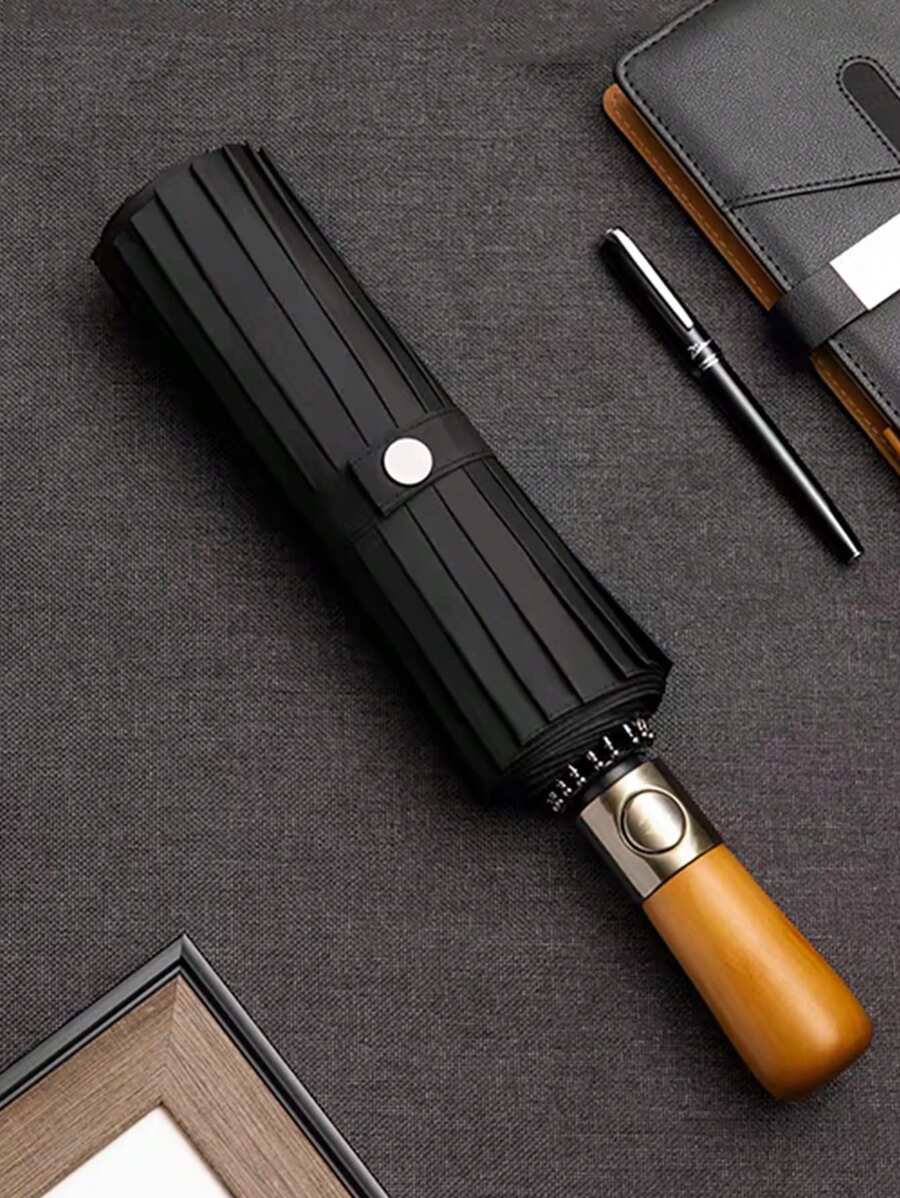 Light Luxury Automatic Wooden Handle Three-Fold Automatic Compact Foldable Unbrella With UV Protection & 12 Ribs, Rain And Dew Dual-Purpose Umbrella, Portable Waterproof Travel Rain Gear For Men's & Women's Outdoor Activities, UV Resistant Sunshade Umbrella Folding Umbrella ﻿