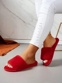 Dép xỏ ngón lông thời trang giản dị mới, dép xỏ ngón đi trong nhà nhẹ, tối giản, thoải mái cho nữ, màu đỏ cho đám cưới/ngày lễ - Đỏ - Xem 4