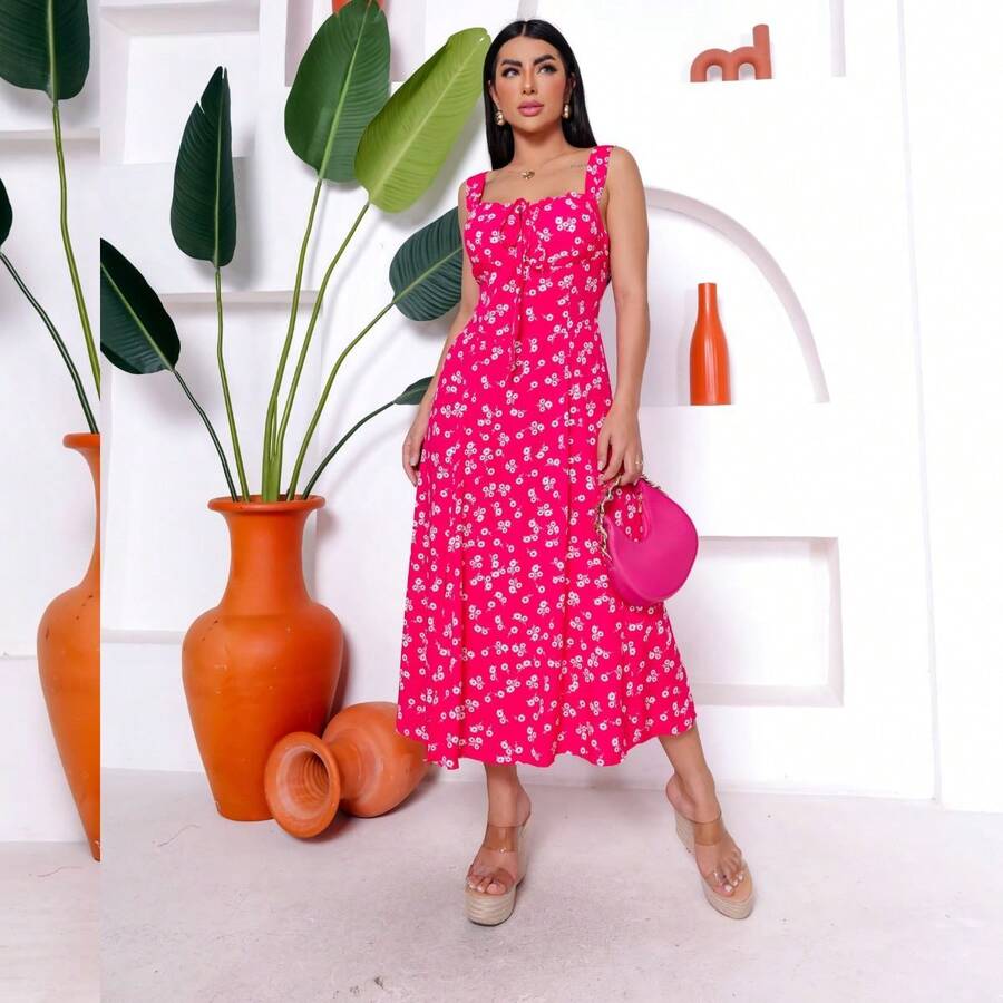 Vestido Midi Floral Tecido Viscolinho com Bojo Fenda Lateral Elastex