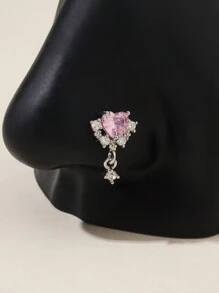 1 件粉色 L 型鼻钉，时尚可爱简约水钻心形鼻环，适合女性日常佩戴鼻环饰品