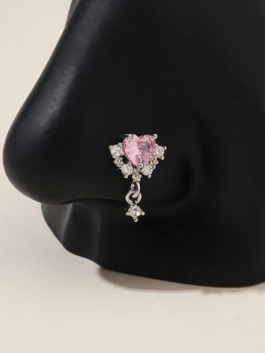 1 件粉色 L 型鼻钉，时尚可爱简约水钻心形鼻环，适合女性日常佩戴鼻环饰品