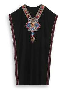 Black Embroidered Arabic Style V Neck Lounge Dress Thobe For Women House Dress Kaftan Eid - Black - View 7