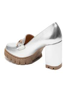 Mocassins à talon bloc doré pour femmes avec semelle crantée et chaîne métallique - Argent - Voir 3