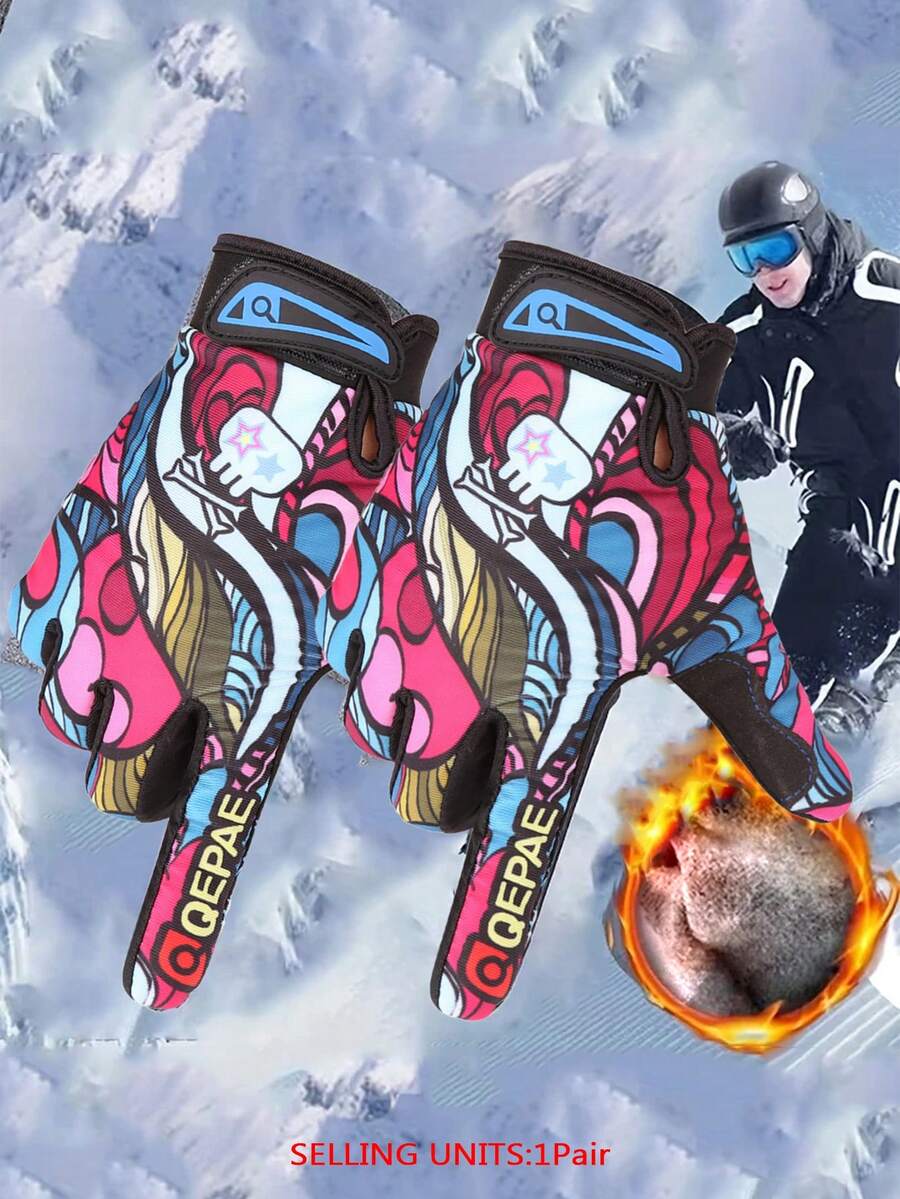 1 Pair Colorful Printed Cycling Gloves, Full Finger Gel Padded Biking
