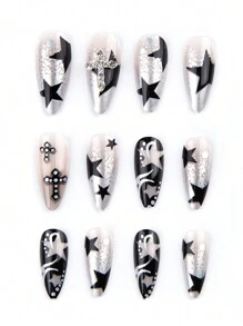 Bộ 24 móng tay giả cá tính, tối giản, phong cách đường phố, thẩm mỹ tối màu, Y2K, gợi cảm, sáng tạo, độc đáo, punk rock, họa tiết loang đen, nhuộm tie-dye, hình ngôi sao, đính đá kim loại 3D, giúp nâng tầm diện mạo ngay lập tức. Thích hợp cho các cô gái và phụ nữ cá tính, độc đáo cho cuộc sống hàng ngày và khi đi mua sắm. Dụng cụ làm móng - màu đen - Xem 5