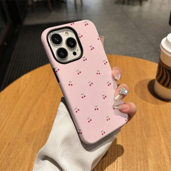 1PC 2-In-1 Full Covering Silky Smooth 3D Creative Cherry Pattern Phone Case Compatible With Iphone 16 Waterproof Shockproof Anti-Fall Scratch Resistant
