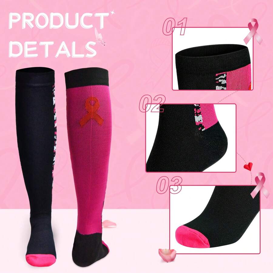 4 Pairs Breast Cancer Awareness Socks Sport Breast Cancer Compression Socks Pink Ribbon Calf Socks - Hot Pink - View 1