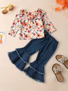 Young Girls Floral Print Denim Flared Pants Set With Long Sleeves
