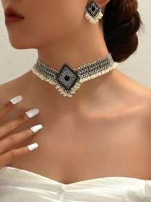 3 件复古波西米亚风格仿珍珠流苏耳环和项链首饰套装 - 水钻装饰、合金材质、女士派对和礼物首饰套装