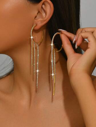 1 Pair Fashionable Luxury Women's Wedding Earrings, Crystal & Tassel Decorated Hoop Earrings, Suitable For Daily, Banquet & Party Wear (Product Does Not Include Box)