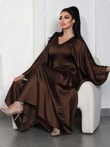 1 chiếc áo choàng bằng vải satin bóng cho nữ, váy abaya phong cách Dubai, váy Hồi giáo, váy abaya capaya Dubai, váy abaya cổ điển thời trang sang trọng, thích hợp cho các buổi tụ họp lễ hội - Cà phê nâu - Xem 5