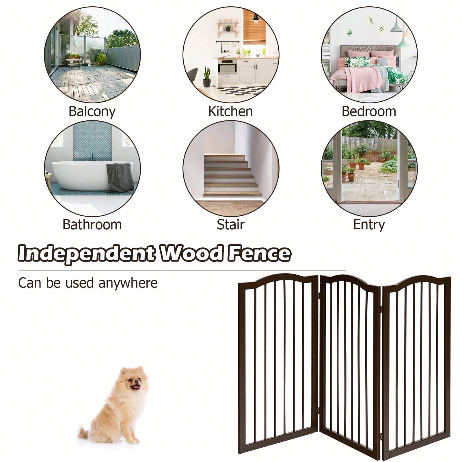 Wooden Folding Pet Gate, 3 Panels Freestanding Barrier With Arched Top