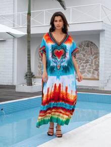 爱心印花连衣裙 波西米亚风宽松孕妇装 开叉大腿家居服 卡夫坦 - 彩色 - 查看 4