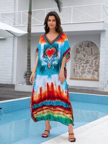 爱心印花连衣裙 波西米亚风宽松孕妇装 开叉大腿家居服 卡夫坦 - 彩色 - 查看 6