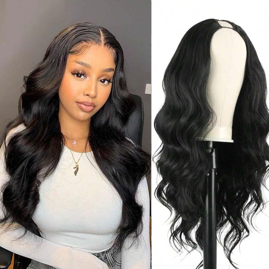 24inch V Part Wig Body Wave Glueless Wig Clip In Extensions Thin Part Wig Long Wavy Black Half Wig For Women, Hair No Leave Out V Part Wigs Beginner Friendly No Sew In Synthetic Wigs