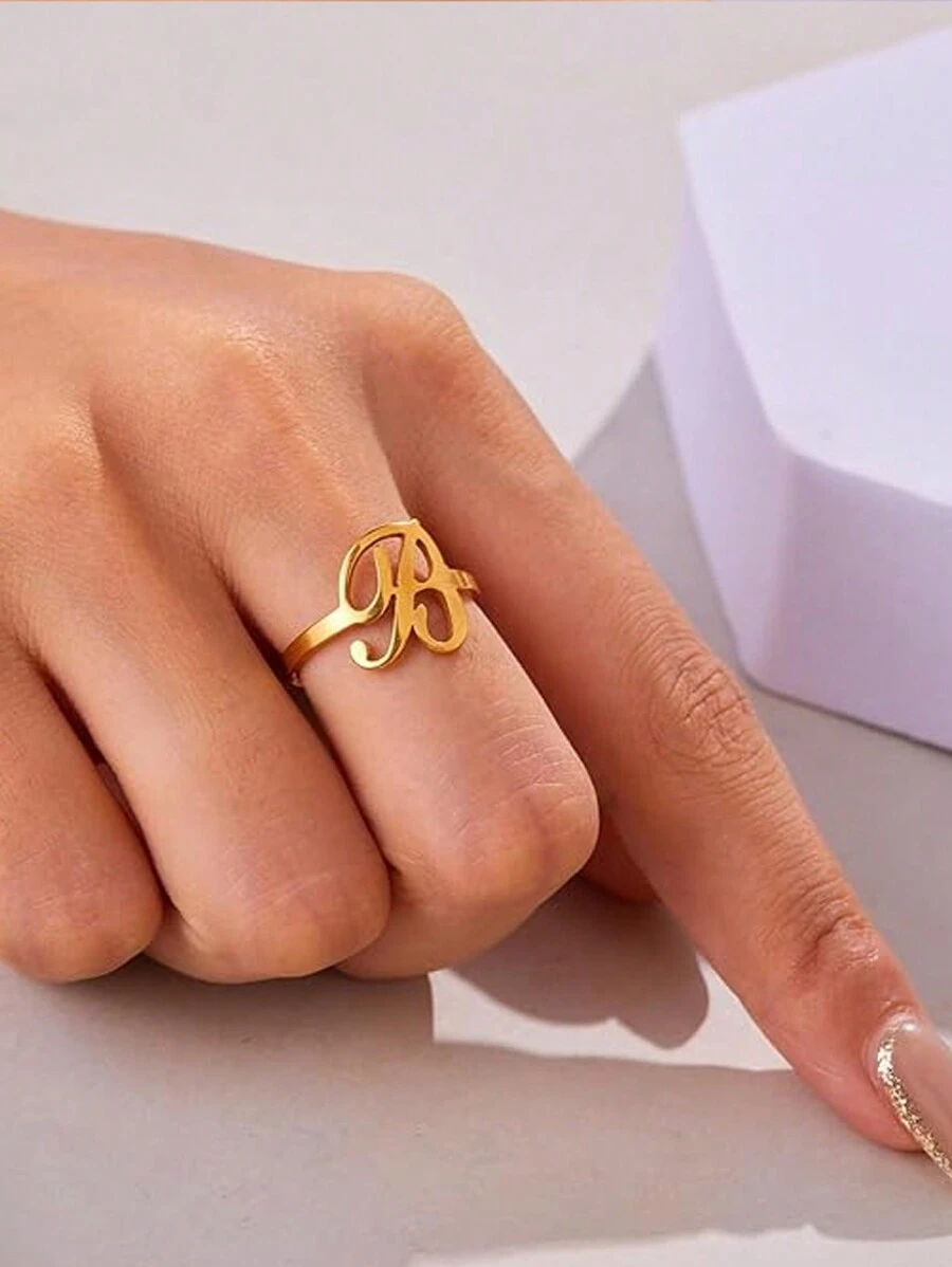 女士首字母戒指 金色不锈钢 A-Z 字母可调节戒指 美观婚礼时尚珠宝礼物 BFF - 金黃色 - 查看 1