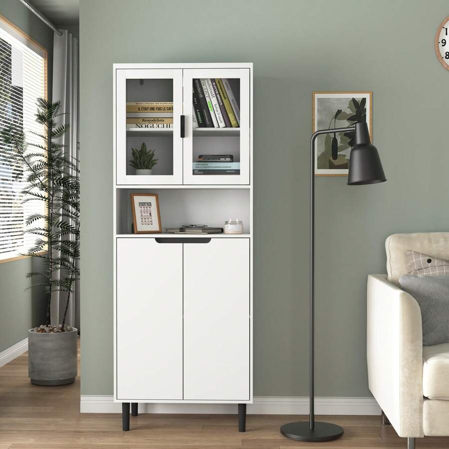 Stylish Tall Storage Bookcase With Glass Doors And Gold Handles