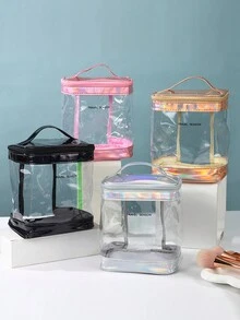 1pc European And American Laser Holographic Cylinder Transparent Large Capacity Cosmetic Bag, Travel Organizer - Multicolor - View 1