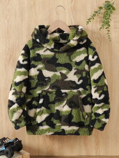 青少年男孩休闲迷彩图案双面保暖内衬长袖连帽衫，儿童户外运动运动衫，春秋冬季礼物