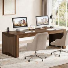 LITTLE TREE 79-Inch Extra Long Desk, Two Person Desk For Home Office, Lengthy Wooden Double Computer Table, Comprehensive Writing Desk For Office, Brown - 棕色 - 查看 6