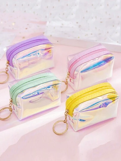 1个可爱糖果色透明全息迷你化妆包，学生零钱包