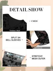 CheersLife Women Dressy Blouse V Neck Double Layers Elastic Mesh Casual Flowy Work Shirts Ruffle 3/4 Flared Sleeve Tunic Tops