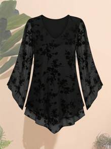 CheersLife Women Dressy Blouse V Neck Double Layers Elastic Mesh Casual Flowy Work Shirts Ruffle 3/4 Flared Sleeve Tunic Tops