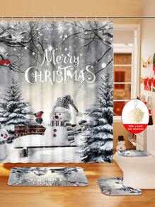 1/2/3/4 Pieces Christmas Collection Shower Curtain, Cute Snowman Woven Shower Curtain, Bathroom Non-Slip Mat, Toilet U-Mat, Toilet Lid Cover Mat, Bathroom Complete Set, Modern Waterproof Bathroom Decoration, Comes With 12 Hooks And A Shower Ball, Multiple Sizes Available Back To School