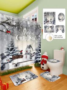 1/2/3/4 Pieces Christmas Collection Shower Curtain, Cute Snowman Woven Shower Curtain, Bathroom Non-Slip Mat, Toilet U-Mat, Toilet Lid Cover Mat, Bathroom Complete Set, Modern Waterproof Bathroom Decoration, Comes With 12 Hooks And A Shower Ball, Multiple Sizes Available Back To School