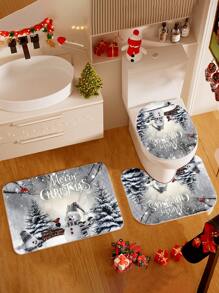 1/2/3/4 Pieces Christmas Collection Shower Curtain, Cute Snowman Woven Shower Curtain, Bathroom Non-Slip Mat, Toilet U-Mat, Toilet Lid Cover Mat, Bathroom Complete Set, Modern Waterproof Bathroom Decoration, Comes With 12 Hooks And A Shower Ball, Multiple Sizes Available Back To School