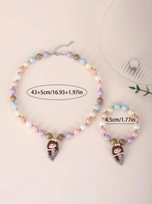 2pcs/Set Mermaid Princess Pendant Necklace And Bracelet Jewelry Set, Multi-Purpose For Girls