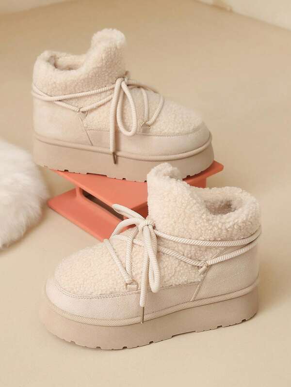 Botas de neve femininas plus size de lã quente com cadarço e sola grossa, confortáveis para atividades ao ar livre, cor sólida da moda, outono/inverno