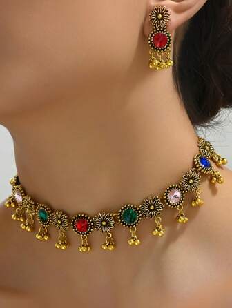 1 套复古波西米亚风格奢华装饰吊坠项链和耳环套装，印度/中东设计