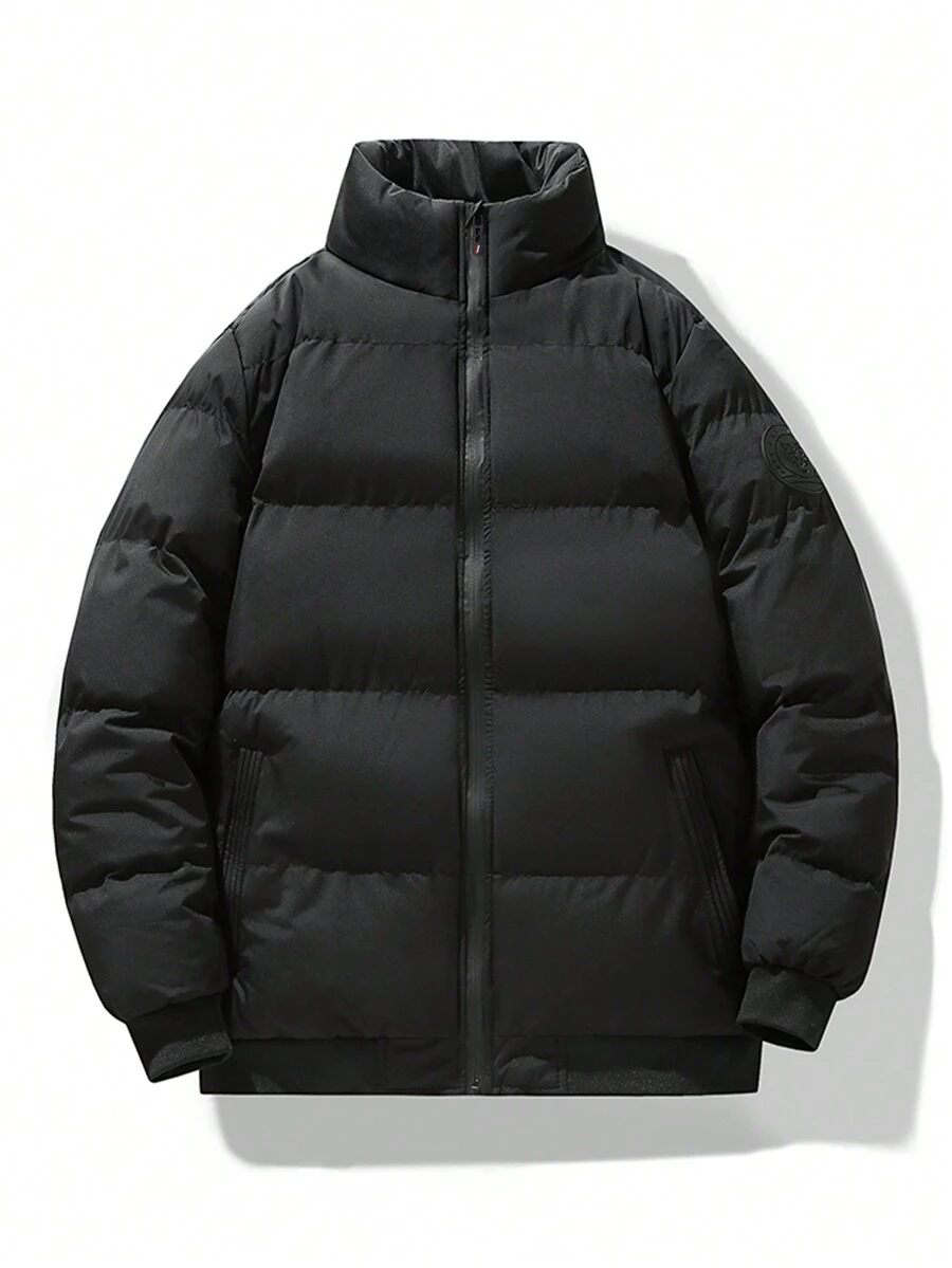 1 chiếc áo khoác cổ đứng cho nam, chống gió, dày, ấm áp, giản dị, vừa vặn, hợp thời trang - màu đen - Xem 1